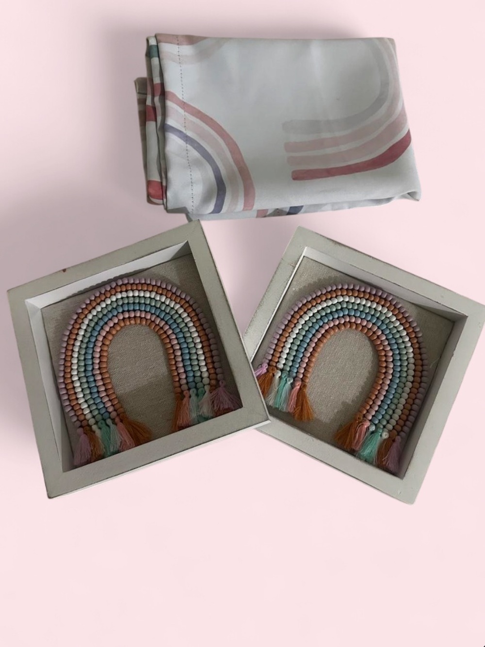 Framed Pastel Rainbow Bead Wall Art - Soft Pink & Multicolor & curtains valances